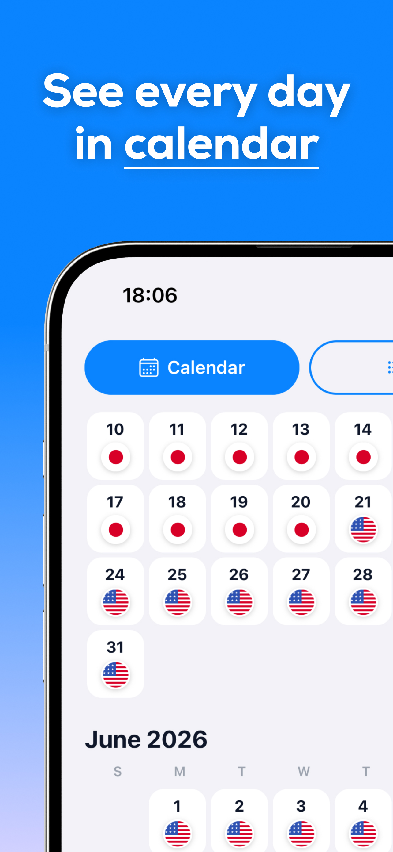 Country Days iOS app showing travel calendar
