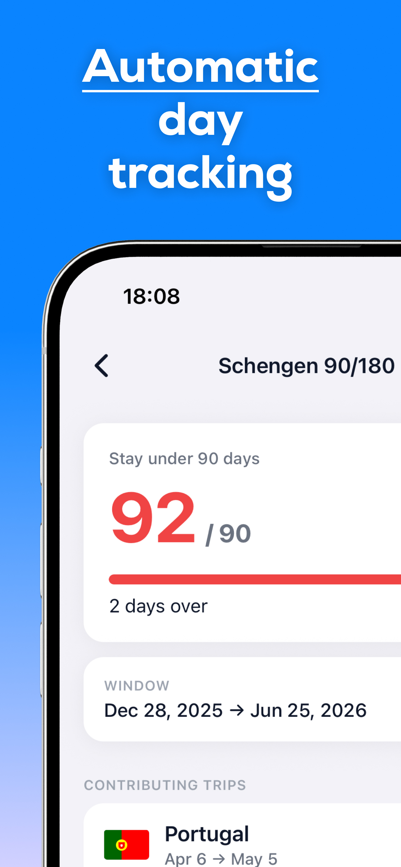 Country Days iOS app showing automatic GPS day tracking