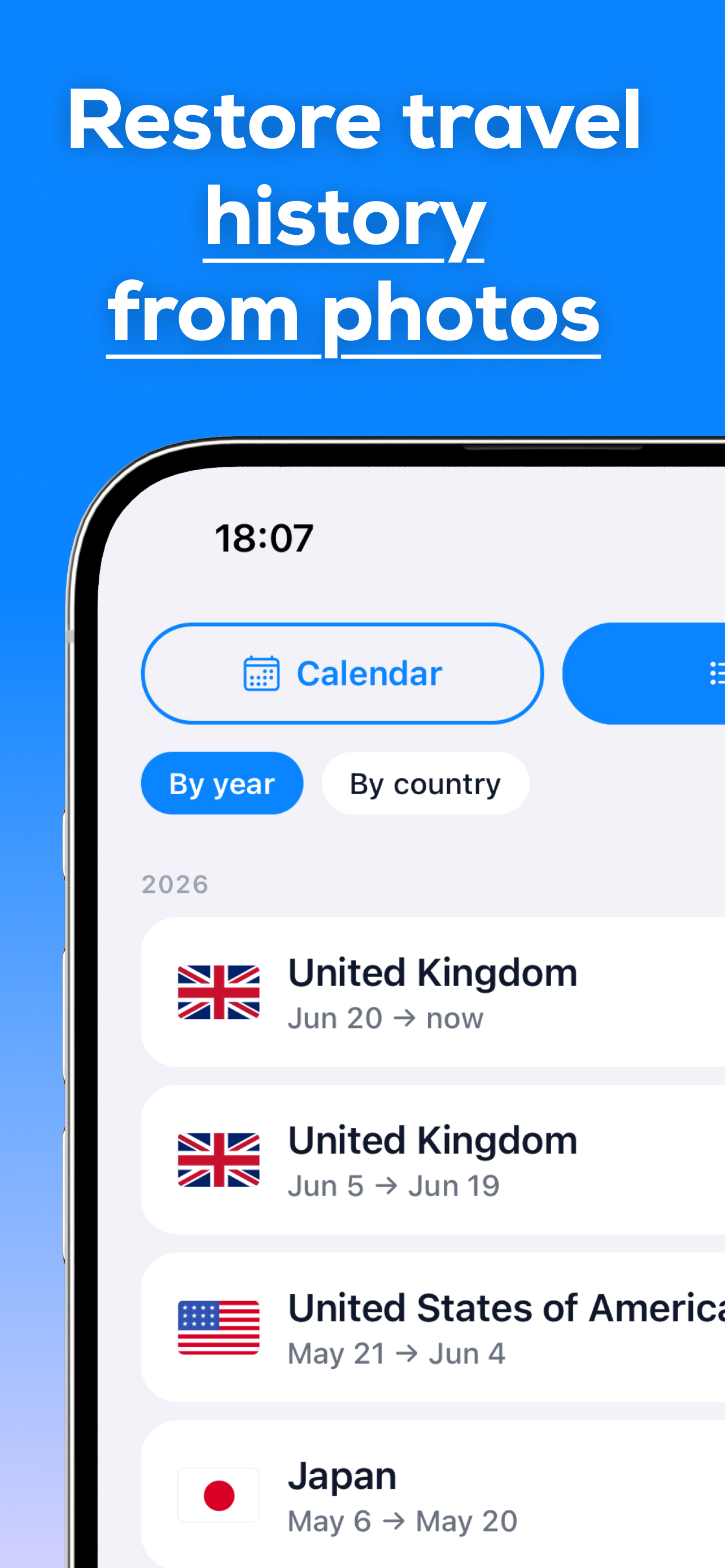Country Days iOS app showing photo trip import