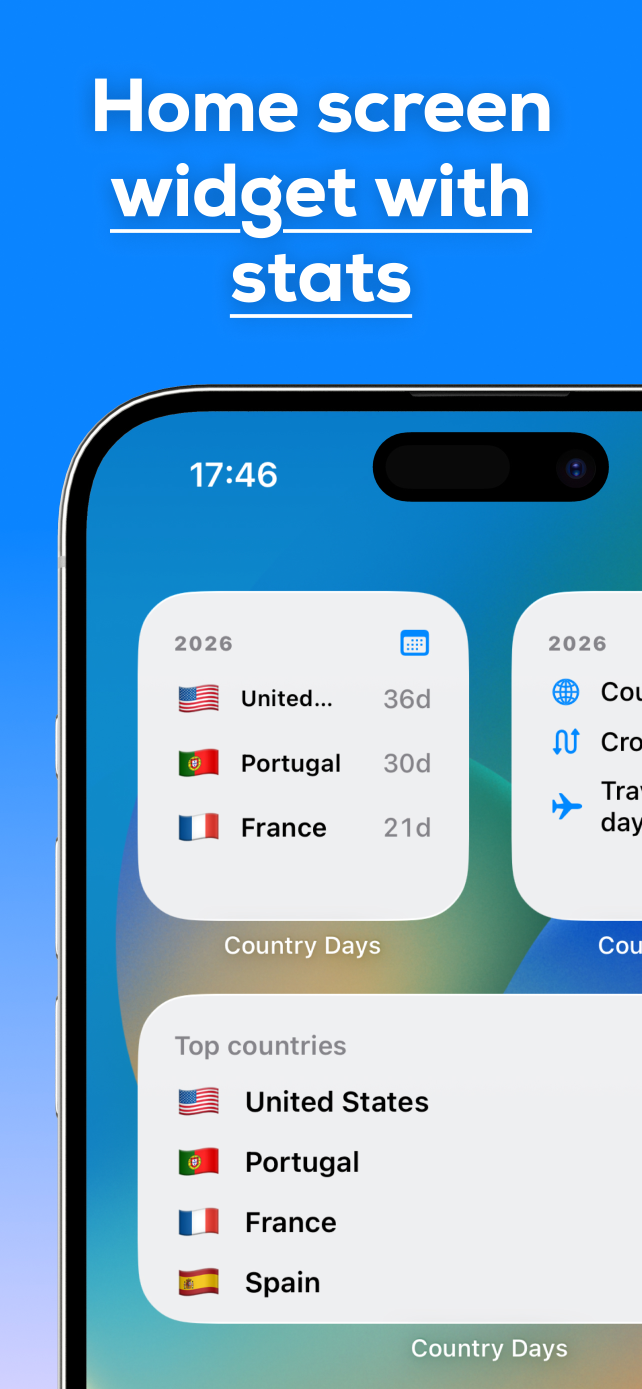 Country Days iOS app showing home screen widgets